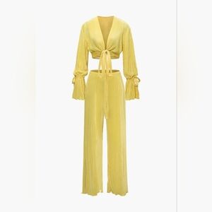 Micas Pleated V Neck Tie Front Crop Top And Salad Hem Pants Set